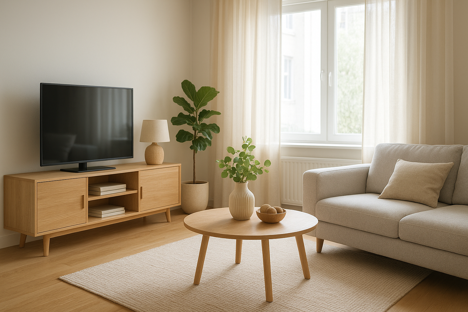 A nappali részlet, amitől azonnal rendezettnek tűnik a lakás